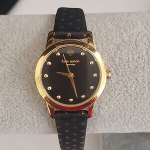 Kate Spade Mini Metro Watch Black with Gold Polka Dots Leather Band 25mm‎ NWOT